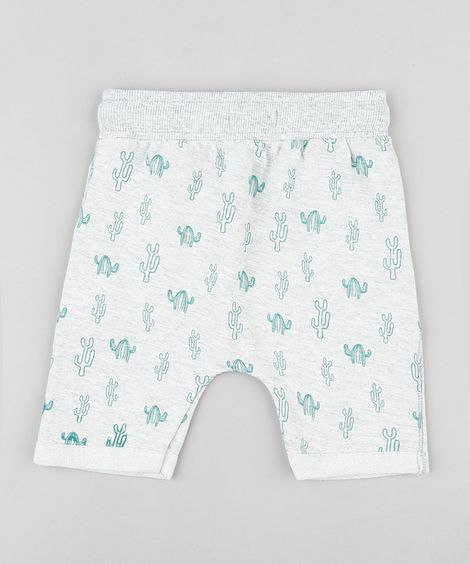 Bermuda Infantil Estampada de Cactos em Moletom Cinza Mescla Claro