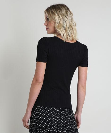 Blusa Feminina Manga Bufante Canelada Decote V Preta