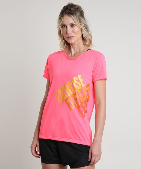 Blusa Feminina Esportiva "Exercise" Manga Curta Decote Redondo Rosa Neon