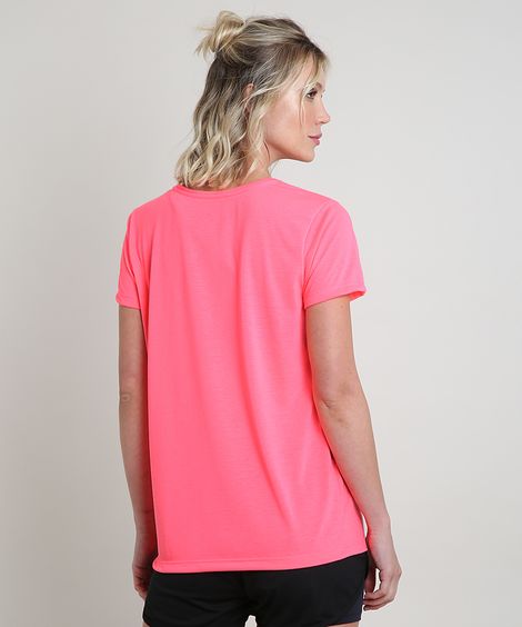 Blusa Feminina Esportiva "Exercise" Manga Curta Decote Redondo Rosa Neon