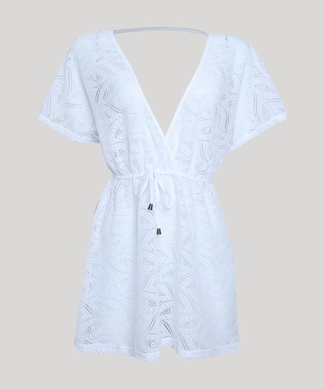 Saída de Praia Kaftan em Renda Curta Manga Curta Branca