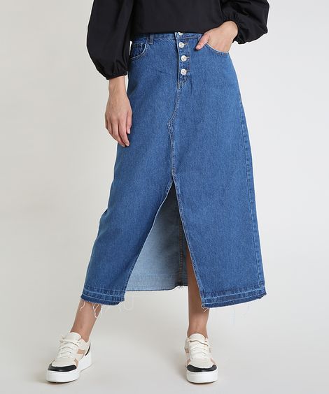 Saia Jeans Feminina Longa com Fenda e Botões Azul Escuro
