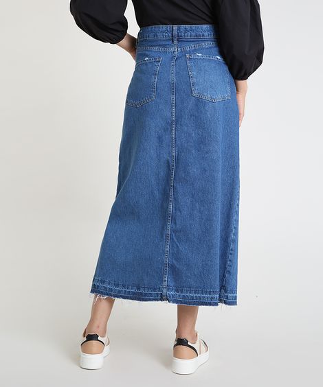 Saia Jeans Feminina Longa com Fenda e Botões Azul Escuro