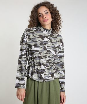 Jaqueta Feminina Estampada Camuflada em Linho com Cordão e Bolsos Verde Militar