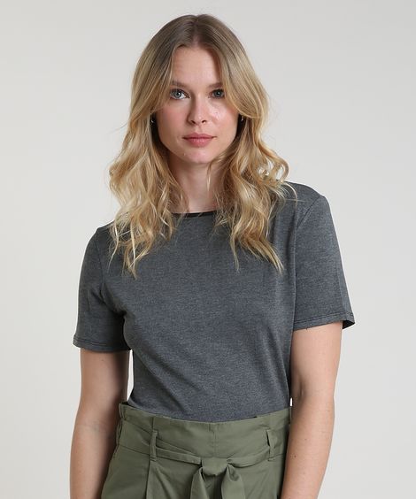 Blusa Feminina com Viés Acetinado Manga Curta Decote Redondo Cinza Mescla Escuro