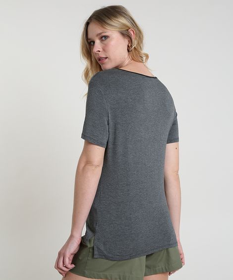 Blusa Feminina com Viés Acetinado Manga Curta Decote Redondo Cinza Mescla Escuro