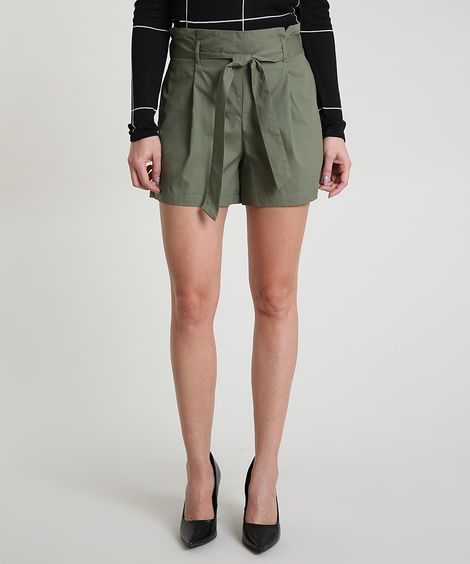 Short Feminino Clochard com Bolsos e Faixa para Amarrar Verde Militar