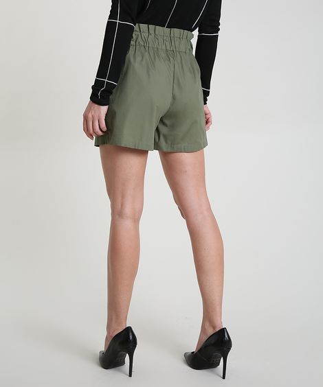 Short Feminino Clochard com Bolsos e Faixa para Amarrar Verde Militar