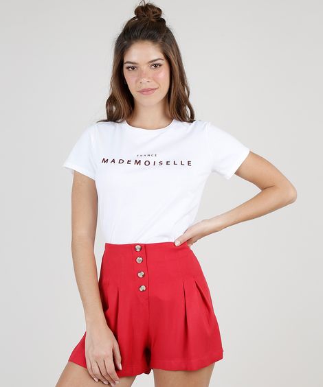 Blusa Feminina "France Mademoiselle" Manga Curta Decote Redondo Branca