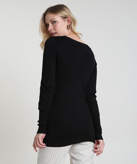 Suéter Feminino em Tricô Decote V Preto