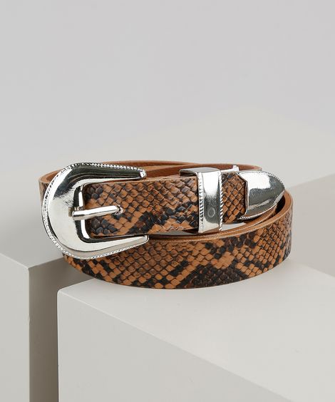 Cinto Feminino Estampado Animal Print Cobra com Fivela Western e Ponteira Caramelo