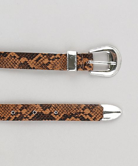 Cinto Feminino Estampado Animal Print Cobra com Fivela Western e Ponteira Caramelo