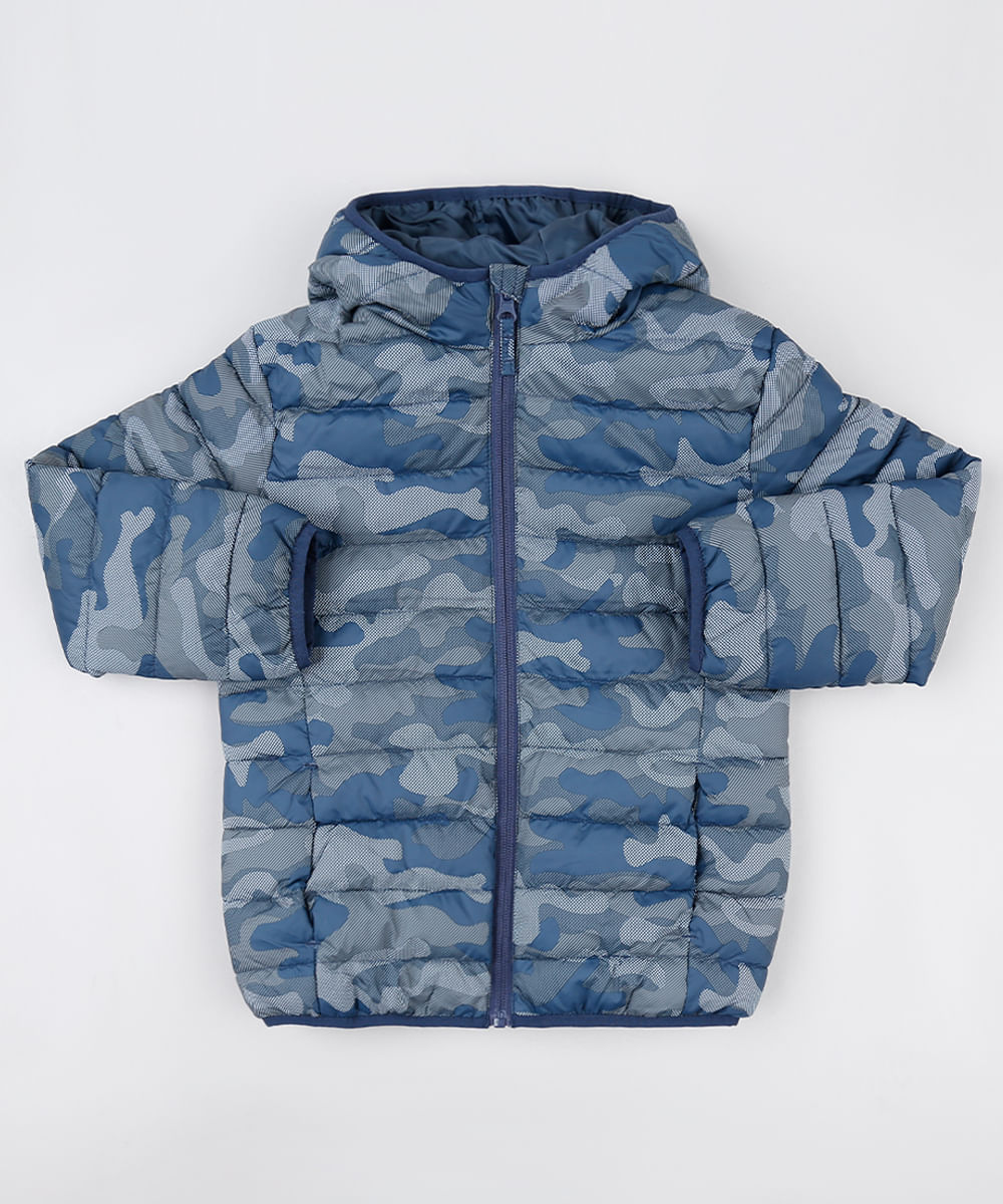 Jaqueta Puffer Infantil Estampada Camuflada com Capuz e Bolsos Azul Menor preço em Jaqueta Puffer Infantil Estampada Camuflada com Capuz e Bolsos Azul