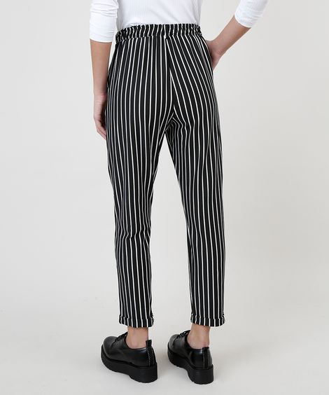 Calça Feminina Listrada Cintura Alta com Bolsos Preta
