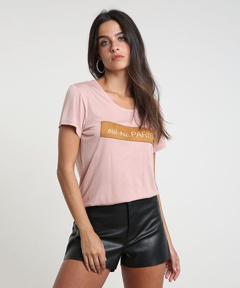 blusa feminina "paris" com suede manga curta decote redondo rosa claro