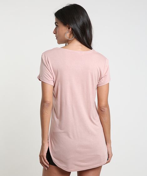 blusa feminina "paris" com suede manga curta decote redondo rosa claro