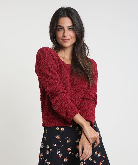 Suéter Feminino em Tricô Texturizado Decote Redondo Vermelho