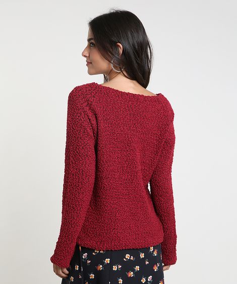Suéter Feminino em Tricô Texturizado Decote Redondo Vermelho