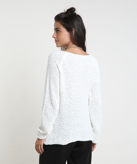 Suéter Feminino em Tricô Texturizado Decote Redondo Off White