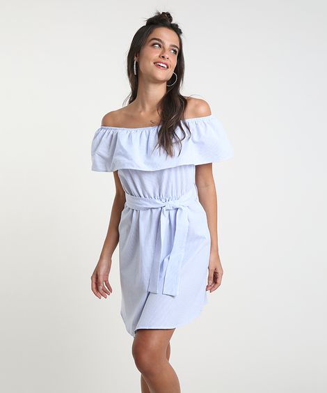 Vestido Feminino Curto Ciganinha Listrado com Faixa para Amarrar Manga Curta Azul