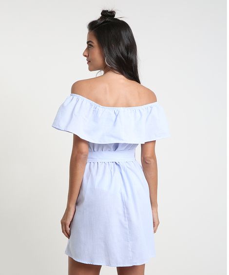 Vestido Feminino Curto Ciganinha Listrado com Faixa para Amarrar Manga Curta Azul