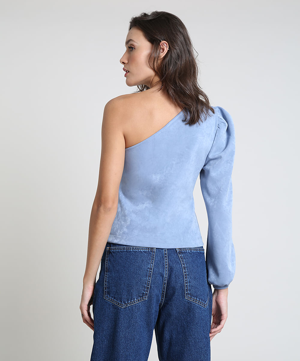 Blusa Feminina Mindset Um Ombro Só Manga Bufante Azul Claro