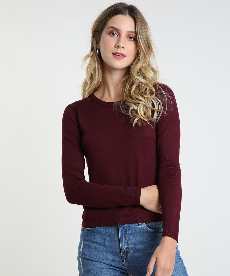 suéter de tricot manga longa básico vinho
