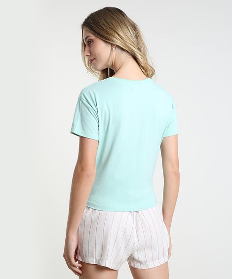 Blusa Feminina "New York" com Nó Manga Curta Decote Redondo Verde Claro