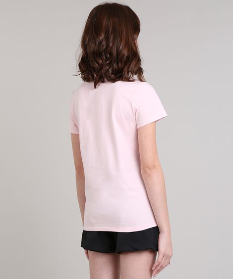 Blusa Feminina "New York" Manga Curta Decote Redondo Rosa Claro