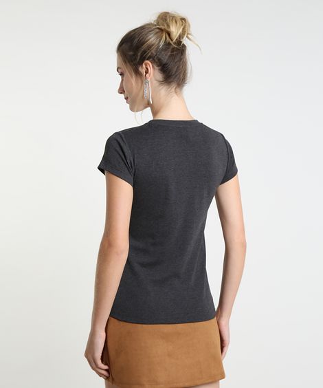 Camiseta Feminina Básica com Botões Manga Curta Decote Redondo Cinza Mescla Escuro