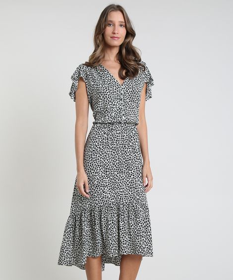 Vestido Feminino Midi Mullet Estampado Animal Print Onça com Babado na Manga Branco