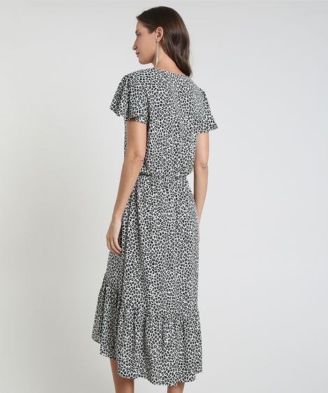 Vestido Feminino Midi Mullet Estampado Animal Print Onça com Babado na Manga Branco