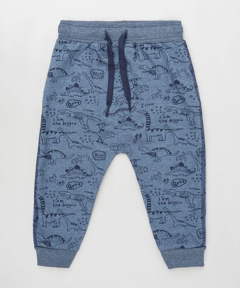 Calça Infantil Estampada de Dinossauro em Moletom Azul Marinho