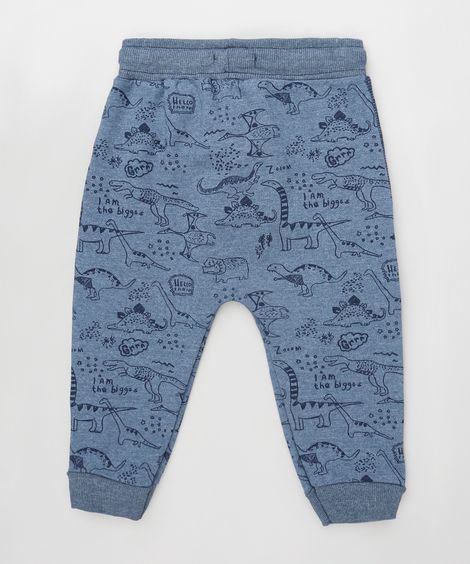 Calça Infantil Estampada de Dinossauro em Moletom Azul Marinho