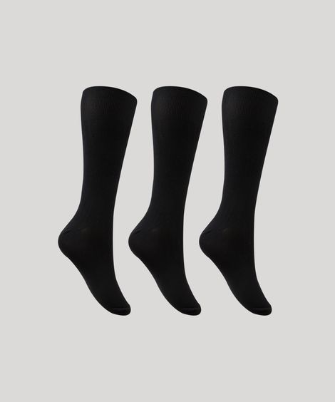 Kit de 3 Meias Masculinas Cano Alto Caneladas Preto