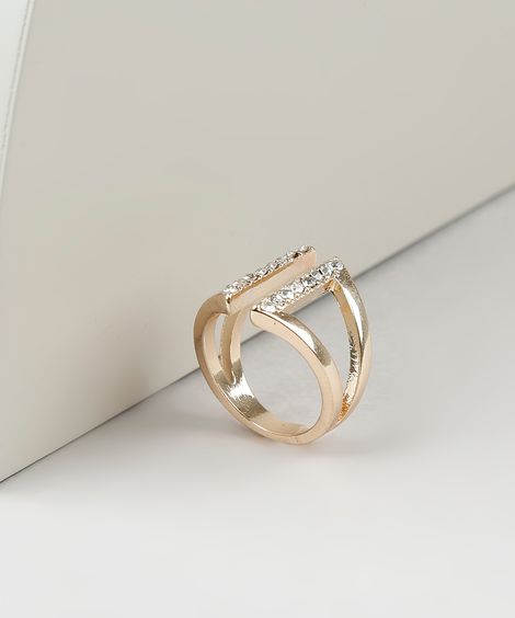 Anel Feminino com Strass Dourado