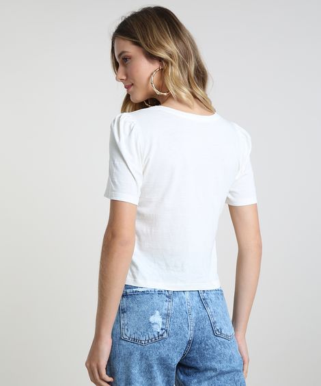 blusa básica texturizada manga bufante decote redondo Off White