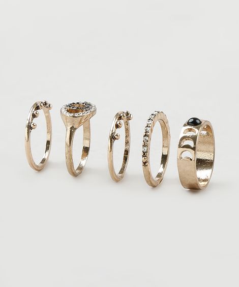 Kit de 5 Anéis Femininos com Strass Dourado
