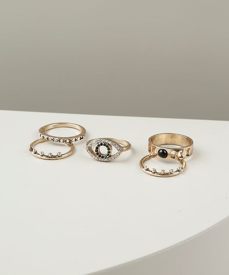 Kit de 5 Anéis Femininos com Strass Dourado