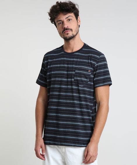 Camiseta Masculina Listrada com Bolso Manga Curta Gola Careca Preta