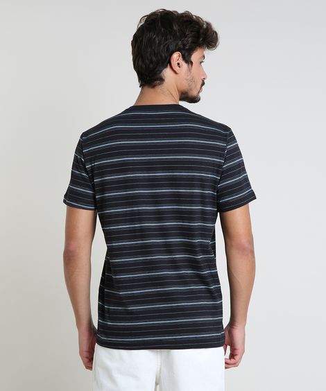Camiseta Masculina Listrada com Bolso Manga Curta Gola Careca Preta