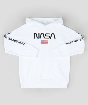 Blusão Juvenil NASA em Moletom com Capuz e Bolso Branco