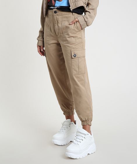 Calça de Sarja Feminina Jogger Cargo Cintura Alta Kaki