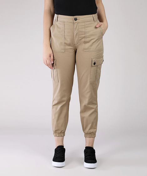 Calça de Sarja Feminina Jogger Cargo Cintura Alta Kaki