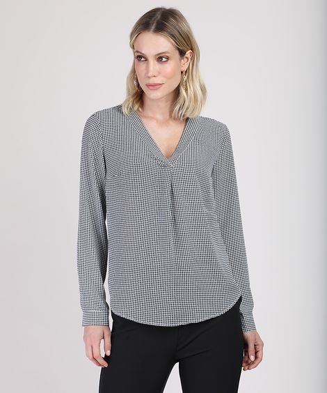 Blusa Feminina Ampla Estampada Pied de Poule Manga Longa Decote V Preta