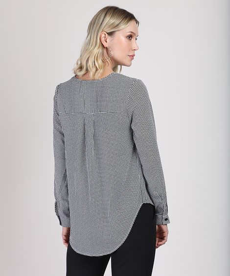 Blusa Feminina Ampla Estampada Pied de Poule Manga Longa Decote V Preta