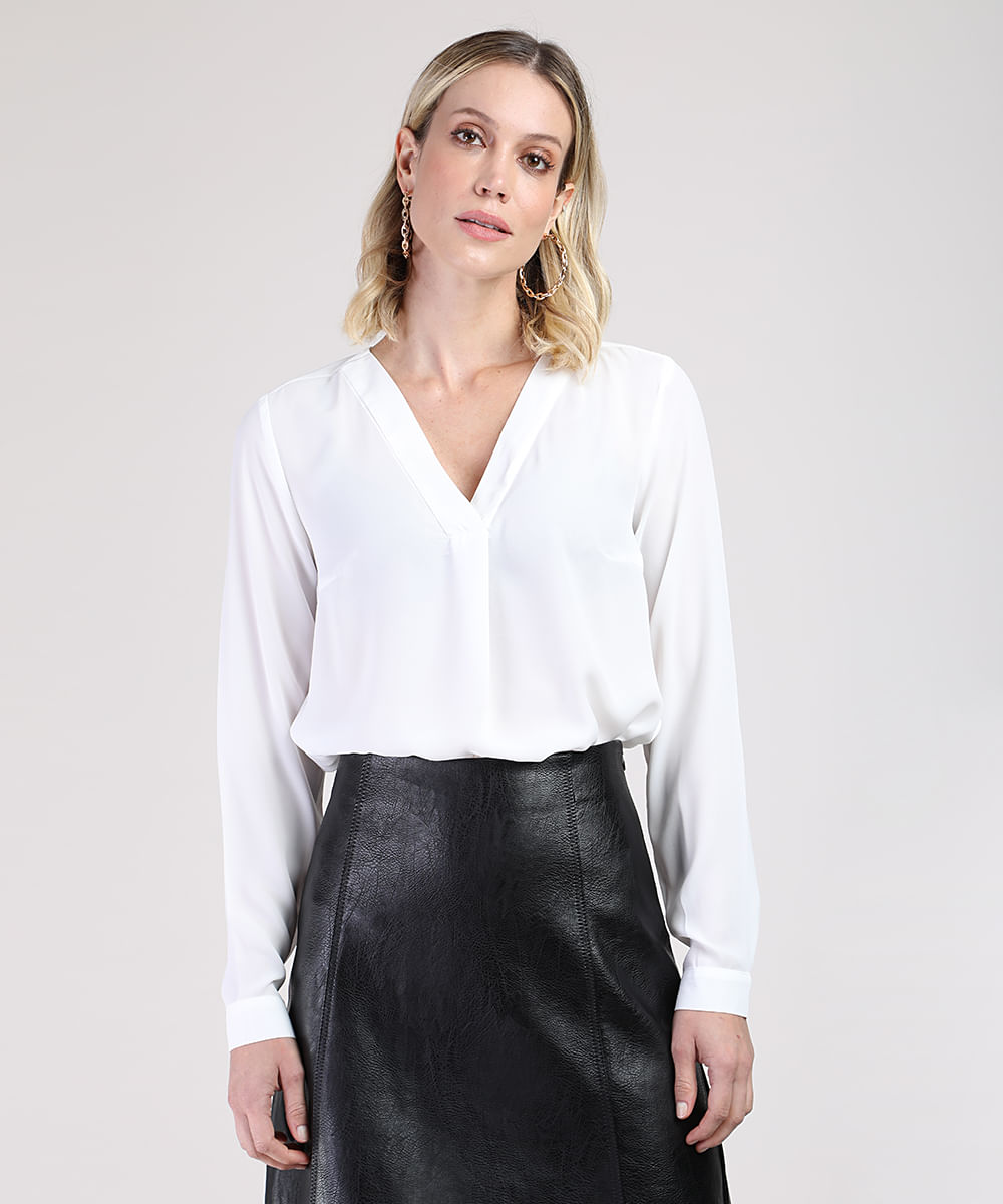 Blusa Feminina Ampla Manga Longa Decote V Branca