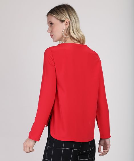 Blusa Feminina Ampla Manga Longa Decote Redondo Vermelha