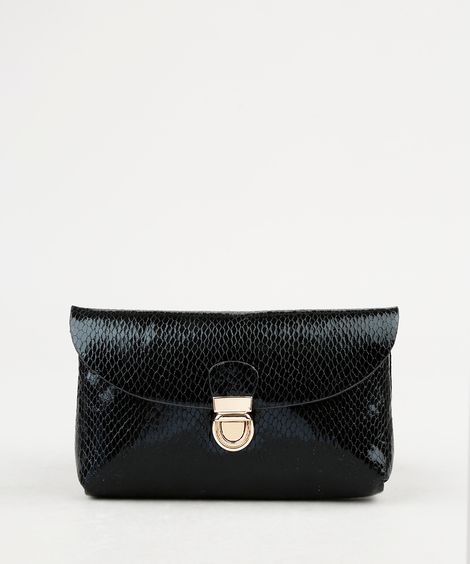 Pochete Feminina Pequena Envelope Texturizada Cobra Preta