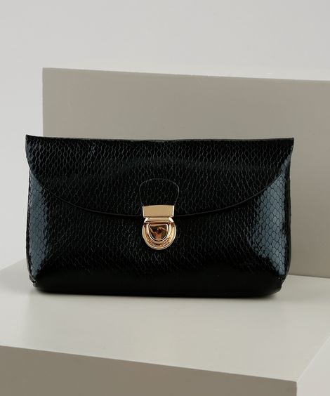 Pochete Feminina Pequena Envelope Texturizada Cobra Preta